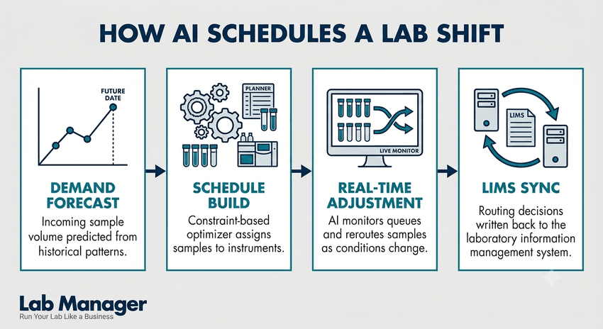 Infographic titled "How AI Schedules a Lab Shift" detailing a horizontal workflow from demand forecasting and schedule building to real-time adjustments and LIMS synchronization.