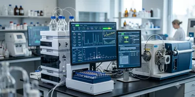 A modern analytical chemistry laboratory featuring an HPLC system and a mass spectrometer instrument on a benchtop, with computer monitors displaying real-time data visualization charts.