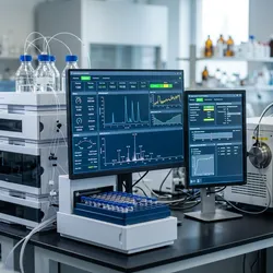 A modern analytical chemistry laboratory featuring an HPLC system and a mass spectrometer instrument on a benchtop, with computer monitors displaying real-time data visualization charts.