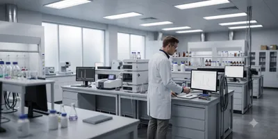 A male scientist in a white lab coat works at a bench with analytical instruments and computer monitors in a clean modern chemistry laboratory.