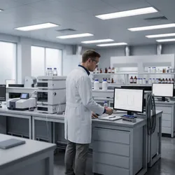 A male scientist in a white lab coat works at a bench with analytical instruments and computer monitors in a clean modern chemistry laboratory.
