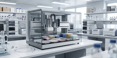 An automated liquid handling workstation loaded with colorful microplate trays sits on a white benchtop inside a brightly lit, modern biotechnology laboratory.
