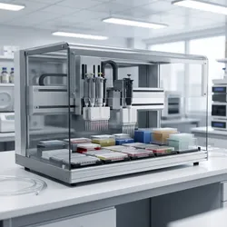 An automated liquid handling workstation loaded with colorful microplate trays sits on a white benchtop inside a brightly lit, modern biotechnology laboratory.