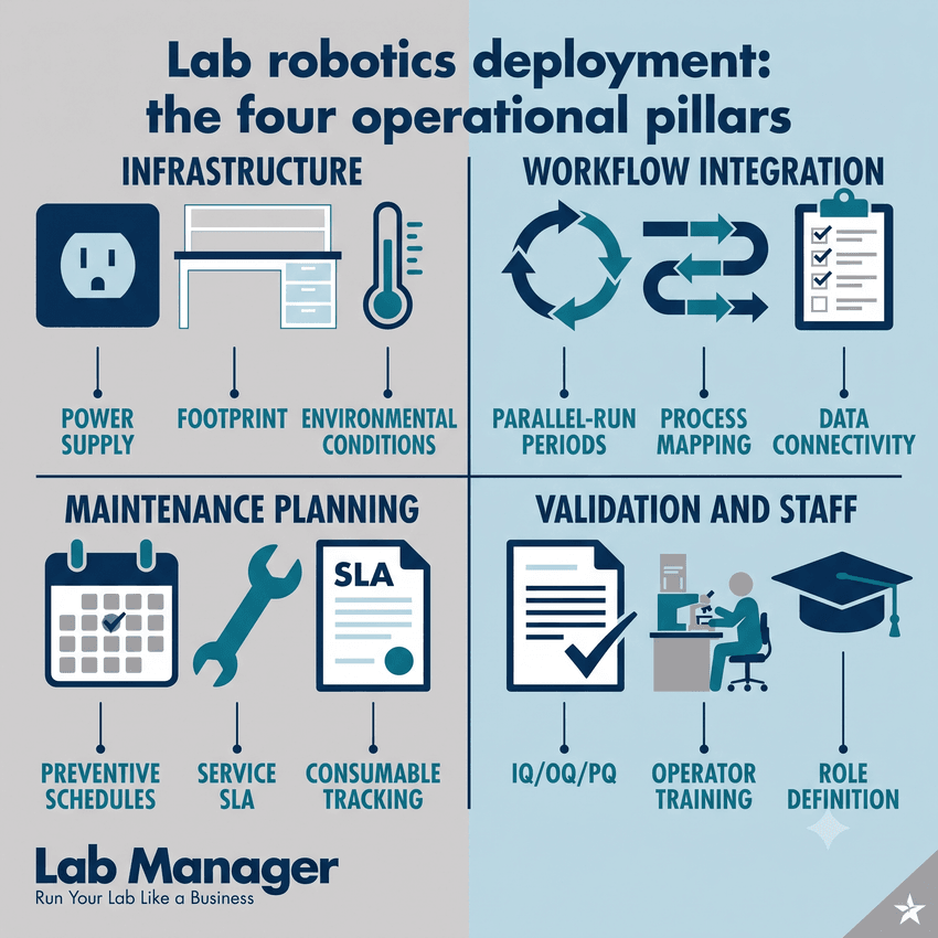 A four-quadrant infographic outlining the four operational pillars of lab robotics deployment: infrastructure, workflow integration, maintenance planning, and validation/staff training. A four-quadrant infographic outlining the four operational pillars of lab robotics deployment: infrastructure, workflow integration, maintenance planning, and validation/staff training.