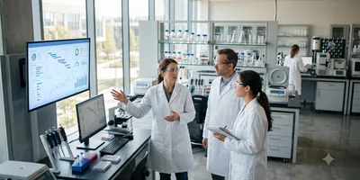 Three scientists in white lab coats discuss data charts on a digital monitor inside a spacious, modern laboratory with large windows.