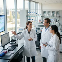 Three scientists in white lab coats discuss data charts on a digital monitor inside a spacious, modern laboratory with large windows.