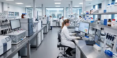 A photorealistic image of a pharmaceutical quality control laboratory interior. 