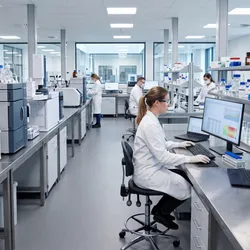 A photorealistic image of a pharmaceutical quality control laboratory interior. 