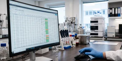 A photorealistic image of a modern pharmaceutical laboratory at a computer workstation. 