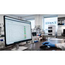 A photorealistic image of a modern pharmaceutical laboratory at a computer workstation. 
