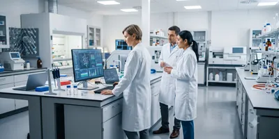 Three scientists in white lab coats review data on a computer monitor inside a modern research laboratory with bright white overhead lighting.