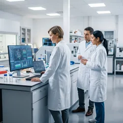 Three scientists in white lab coats review data on a computer monitor inside a modern research laboratory with bright white overhead lighting.