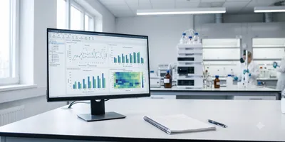 A photorealistic image of a modern regulated laboratory quality environment. Wide shot of a clean, well-lit workspace with a computer monitor displaying structured data charts, a notepad with a pen beside it.