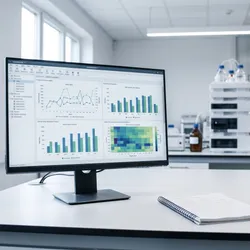 A photorealistic image of a modern regulated laboratory quality environment. Wide shot of a clean, well-lit workspace with a computer monitor displaying structured data charts, a notepad with a pen beside it.