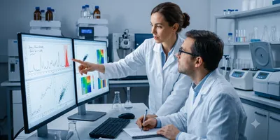Two scientists in white lab coats collaborate in a modern laboratory, with one pointing to a data visualization on a dual-monitor setup while the other takes notes.