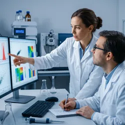 Two scientists in white lab coats collaborate in a modern laboratory, with one pointing to a data visualization on a dual-monitor setup while the other takes notes.