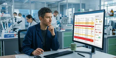 Lab manager reviewing a data quality dashboard flagging incomplete and inconsistent records, illustrating lab data quality for AI  