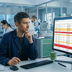 Lab manager reviewing a data quality dashboard flagging incomplete and inconsistent records, illustrating lab data quality for AI  