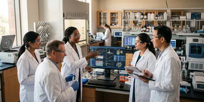 Five scientists in white lab coats engage in a collaborative discussion around a computer monitor displaying data visualizations in a modern laboratory.
