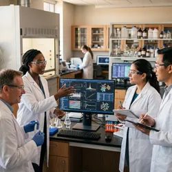 Five scientists in white lab coats engage in a collaborative discussion around a computer monitor displaying data visualizations in a modern laboratory.