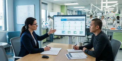Lab manager comparing lab informatics platform options on a scored evaluation matrix, illustrating how to choose lab informatics software  