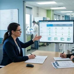 Lab manager comparing lab informatics platform options on a scored evaluation matrix, illustrating how to choose lab informatics software  