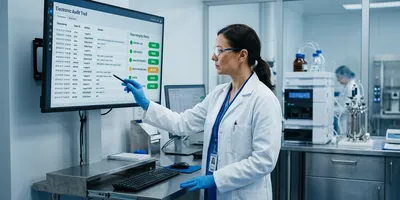 Quality manager reviewing an electronic audit trail and data integrity dashboard in a regulated lab using AI-assisted systems  
