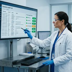 Quality manager reviewing an electronic audit trail and data integrity dashboard in a regulated lab using AI-assisted systems  