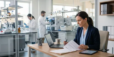 A lab manager reviews documents at a contemporary desk while scientists work with research instrumentation in a bright, glass-walled laboratory in the background.