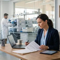 A lab manager reviews documents at a contemporary desk while scientists work with research instrumentation in a bright, glass-walled laboratory in the background.