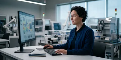 Laboratory professional reviewing AI and automation training content on a monitor in a modern lab setting.