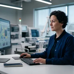 Laboratory professional reviewing AI and automation training content on a monitor in a modern lab setting.