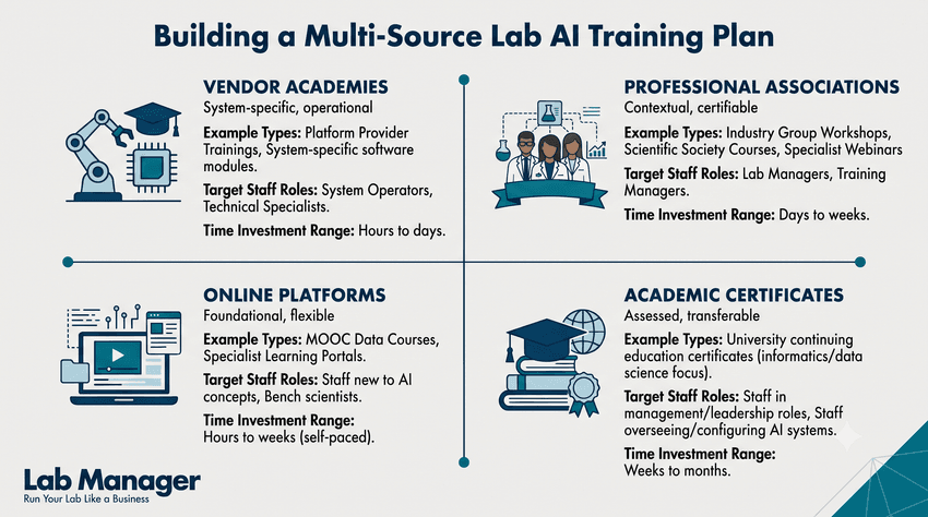 A four-quadrant infographic titled "Building a Multi-Source Lab AI Training Plan," detailing target roles, example types, and time commitments across four categories: Vendor Academies, Professional Associations, Online Platforms, and Academic Certificates.