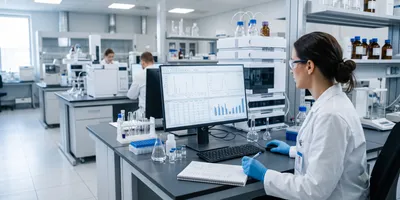 A photorealistic image of a pharmaceutical quality laboratory. A scientist in a white coat reviews data on a large monitor showing structured analytical results, with laboratory instruments visible in the background.