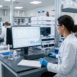 A photorealistic image of a pharmaceutical quality laboratory. A scientist in a white coat reviews data on a large monitor showing structured analytical results, with laboratory instruments visible in the background.