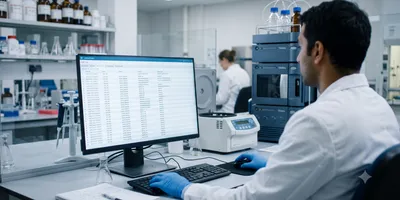 A photorealistic image of a pharmaceutical laboratory data management workstation. A monitor displays rows of structured data with timestamps and user entries representing an audit log.