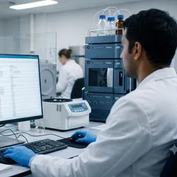 A photorealistic image of a pharmaceutical laboratory data management workstation. A monitor displays rows of structured data with timestamps and user entries representing an audit log.