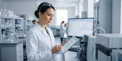 A photorealistic image of a quality professional in a pharmaceutical laboratory reviewing a validation document on a tablet, standing near an analytical instrument with a monitor displaying structured test data in the background.