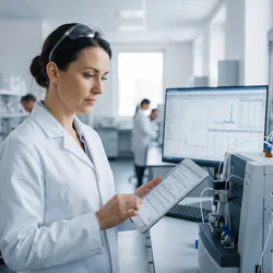 A photorealistic image of a quality professional in a pharmaceutical laboratory reviewing a validation document on a tablet, standing near an analytical instrument with a monitor displaying structured test data in the background.