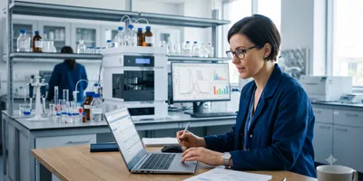 A photorealistic image of a quality assurance professional in a modern laboratory reviewing a change control document on a laptop, with analytical instruments and a data monitor visible in the background.