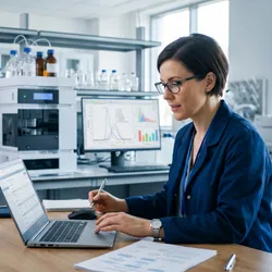 A photorealistic image of a quality assurance professional in a modern laboratory reviewing a change control document on a laptop, with analytical instruments and a data monitor visible in the background.