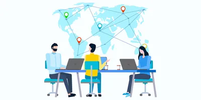Illustration of three employees sitting at table on computers with global map in the background