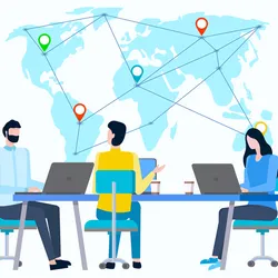 Illustration of three employees sitting at table on computers with global map in the background