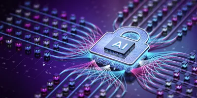 AI cybersecurity risks with a digital lock and network connections