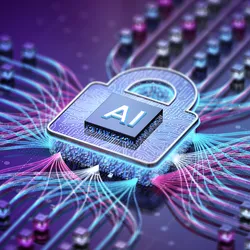 AI cybersecurity risks with a digital lock and network connections