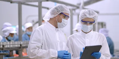 Two workers in food testing facility looking at tablet