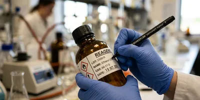 Gloved hand labeling a reagent bottle with an expiration date