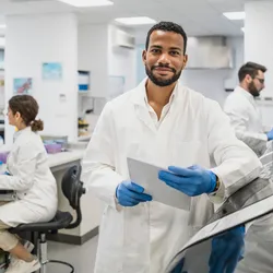 Smiling researcher in a lab, showcasing a safety-oriented atmosphere