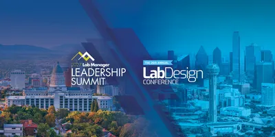 Leadership Summit and Lab Design Conference logos with cityscape of Salt Lake City and Houston in the background