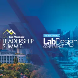 Leadership Summit and Lab Design Conference logos with cityscape of Salt Lake City and Houston in the background